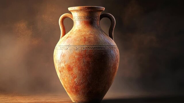 A clay amphora with two handles sits on a brown surface