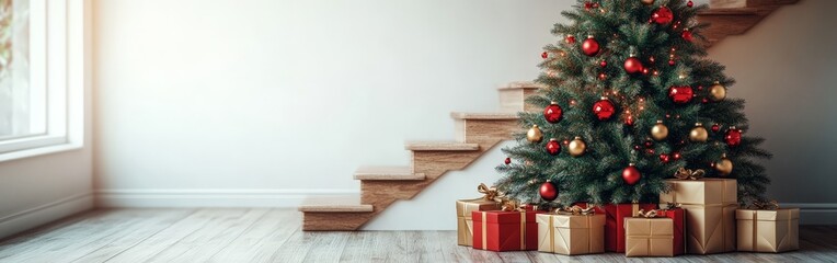 Christmas tree with presents, decorated with red and gold ornaments