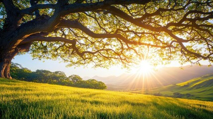 Sunlight streaming through tree branches over lush green fields.