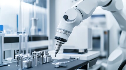 A robot calibrating advanced optical instruments in a precision laboratory with high-resolution lenses and equipment, Optical tech style, photo of