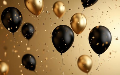 Festival greeting banner with flying 3D gold and black helium balloons, designed for celebratory events like birthdays or anniversaries