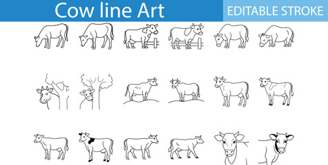 Cow Line Art Illustrations Editable Stroke