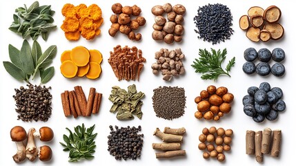 Modern layout of adaptogenic herbs like ashwagandha ginseng reishi mushrooms each labeled with their benefits for stress reduction energy boost and cognitive enhancement