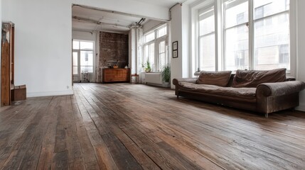A light-filled loft with rustic wooden floors, minimalist furniture including a vintage couch, and large windows creating a cozy and inviting atmosphere.