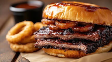A tantalizing monstrous burger showcasing juicy meat, savory barbecue sauce, and crispy onion rings, enveloped in a shiny bun, offering an irresistible delight.
