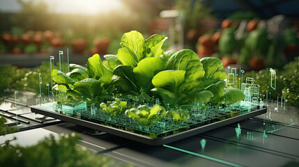 Hydroponic lettuce growing on smart digital platform in greenhouse setting