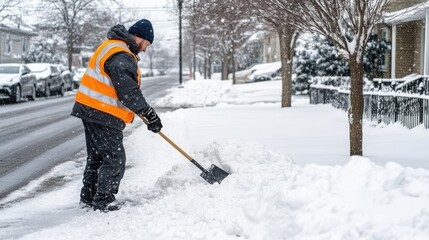 Naklejka premium The worker shovels snow from the sidewalks, ensuring safe passage near parked vehicles during a snowy day