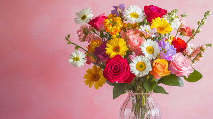 Obraz premium Vase with colorful flowers including roses and daisies on light background