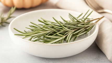 Fresh rosemary sprigs in a white bowl, elegantly styled on a gray surface.