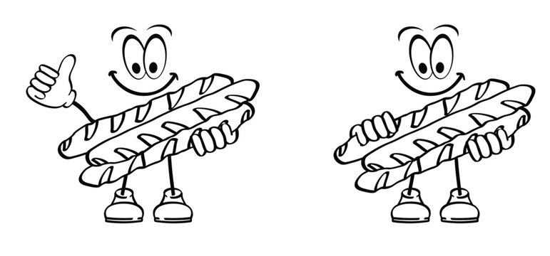 Cartoon French baguettes mascotte or Crusty baguette. French baguette. Baked traditional bread. Bright food for artisan bakery. Baking, dough products, flour and gluten. Homemade mini baguettes. Sandw
