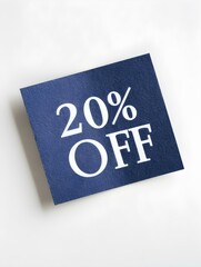 White '20% OFF' Text on a Navy Blue Square Paper Note. White Background 