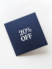 White '20% OFF' Text on a Navy Blue Square Paper Note. White Background 