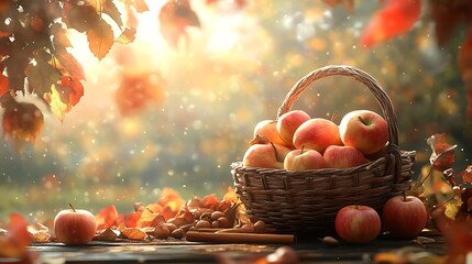 A basket of freshly picked apples resting on a wooden bench in an orchard, cinnamon sticks and nutmeg scattered nearby, sunlight softly illuminating the scene,