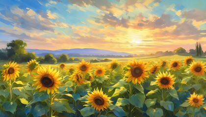 Fototapeta premium Watercolor painting of sunflowers blooming in a wide field. Sunlight creates soft shadows.