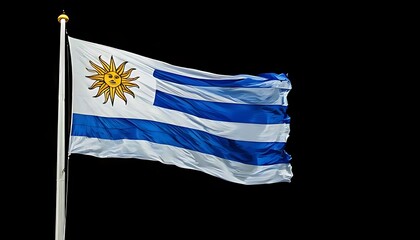 Uruguay flag flying on a pole on a plain black background