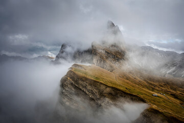 A Foggy Autumn Day at the Top of Seceda in the Italian Dolomites