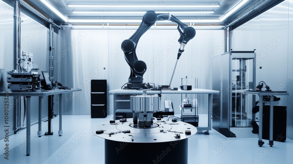 Fototapete A robot calibrating high-precision sensors in a futuristic aerospace testing lab with clean, organized calibration stations and advanced sensor technology, Aerospace sensor calibration tech style