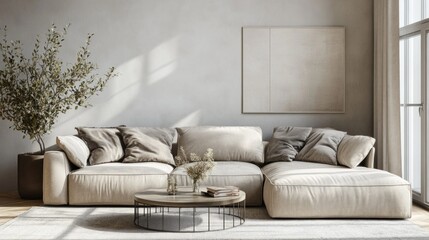 A living room with a white couch and a white coffee table
