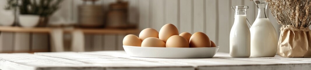 Fresh Raw Eggs and Creamy Dairy Products on a Rustic White Background
