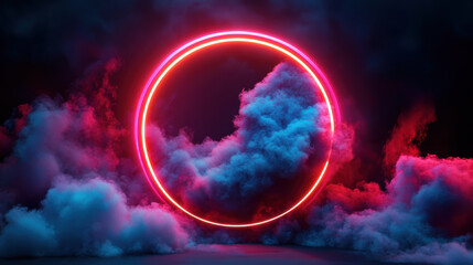 Obraz premium vibrant abstract cloud radiating neon light is encased in glowing circular frame, creating captivating visual effect. interplay of colors evokes sense of wonder and creativity