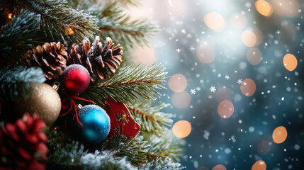 Close up of colorful holiday decorations on Christmas tree, featuring ornaments, pine cones, and snowflakes, creating festive and joyful atmosphere