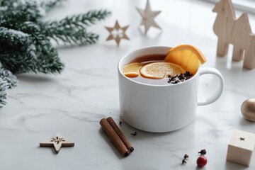 mockup a white ceramic mug filled with a spiced mulled wine or hot apple cider.a slice of orange
 Christmas, new year.