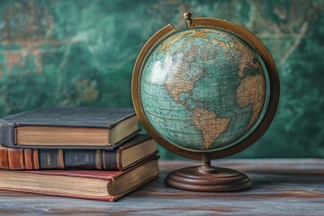 Vintage globe beside stacked books on a rustic table with a green backdrop