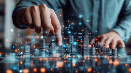 Naklejka premium Businessman touching a digital cityscape with smart technology and internet of things icons on a virtual screen, representing a real estate business concept