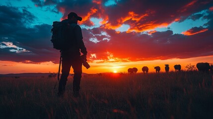 Fototapeta premium Animal Tracker at Dusk, a silhouette of a person observing wildlife against a vibrant sunset sky, capturing the essence of nature's twilight.
