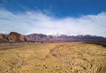 Mendoza River across the steppes by the Andes mountains near Uspallata, Argentina.