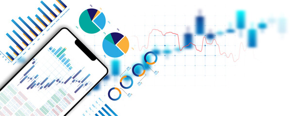 Technology background, analytics, sales graph, financial marketing on smartphone and billboard design