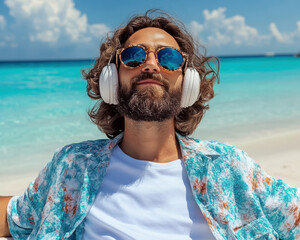 Listening to music on sunny beach, this carefree individual enjoys vibrant atmosphere and beautiful ocean view, radiating joy and relaxation