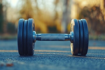 A close-up view of a dumbbell resting on a gym floor in an outdoor fitness area during sunset