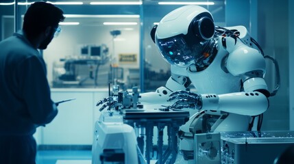 A robot collaborating with scientists in a futuristic deep-sea exploration lab with advanced submersibles, clean and high-tech environment, Exploration-tech style