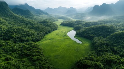 This enchanting green valley features a reflective lake surrounded by misty hills, evoking feelings of mystery, peace, and the interconnection of natural elements.