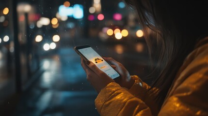 Businesswoman with smartphone using application for calling taxi online walking on city street night, female hands with internet connection texting friend via mobile phone on background bokeh light