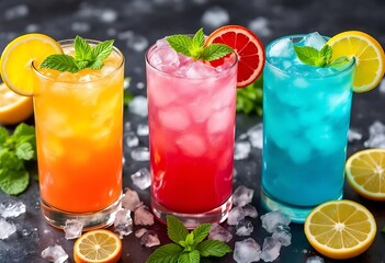 Fototapeta premium Colorful cocktails served with slices of lemon and mint 