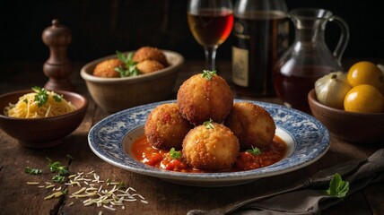 Delicious rustic italian arancini fried rice balls 