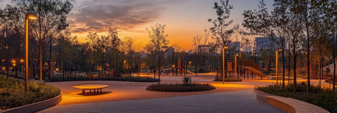 Smart Park Illumination, innovative public space featuring adaptive lighting technology responding to visitor patterns and time of day