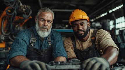 Two mechanics in rugged attire confidently pose against industrial machinery, displaying camaraderie and professionalism in a well-equipped workshop environment.