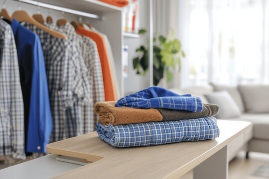 In a bright and inviting room, fresh laundry is elegantly stacked on a wooden table, complemented by a well organized display of shirts and colorful garments hanging nearby, creating a tidy and welcom