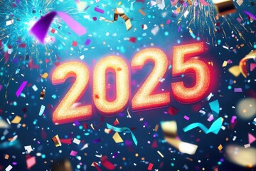 2025 New Year celebration with confetti and fireworks