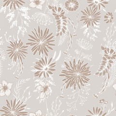 Seamless pattern with meadow herbs and flowers. Hand drawn line art ornaments on beige background. Simple vector contour graphics.