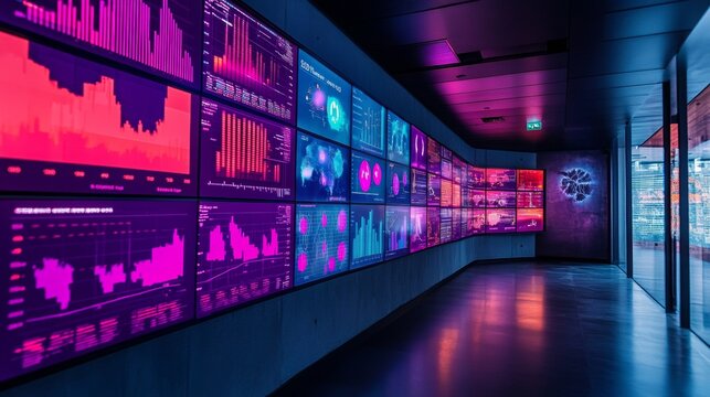 Digital Hub for Environmental Monitoring, a modern workspace showcasing real-time air quality and sustainability data on multiple screens