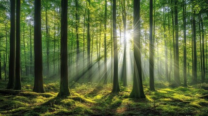 Fototapeta premium The view of the forest with tall green trees and sunlight streaming through the canopy creates a peaceful and pleasant atmosphere.