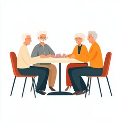 Retirees playing bridge in a cozy community center, social gaming, flat design, soft colors, isolated on white background