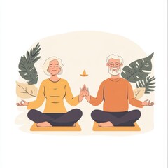 Senior couple leading a guided meditation event, peaceful gathering for retirees, flat design, soft tones, isolated on white background