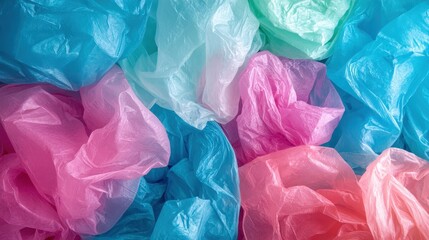 A collection of brightly colored plastic bags in beautiful pastel shades, creating an abstract pattern of colors and textures, symbolizing modern consumer culture.