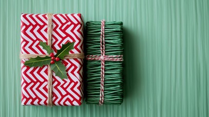 Obraz premium Two beautifully wrapped presents in festive colors, featuring red and white zigzag patterns, and a green rustic design, placed on a textured green background.