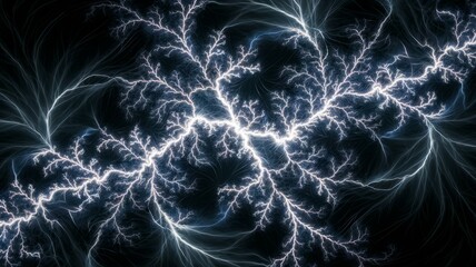 Fototapeta premium Fractal lightning pattern. Abstract digital art depicting a fractal lightning bolt, symbolizing energy and power, with intricate branching patterns.